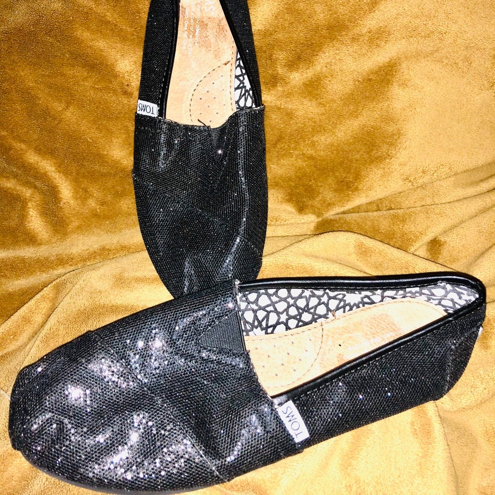 Toms Classic Black Glitter Slip ons